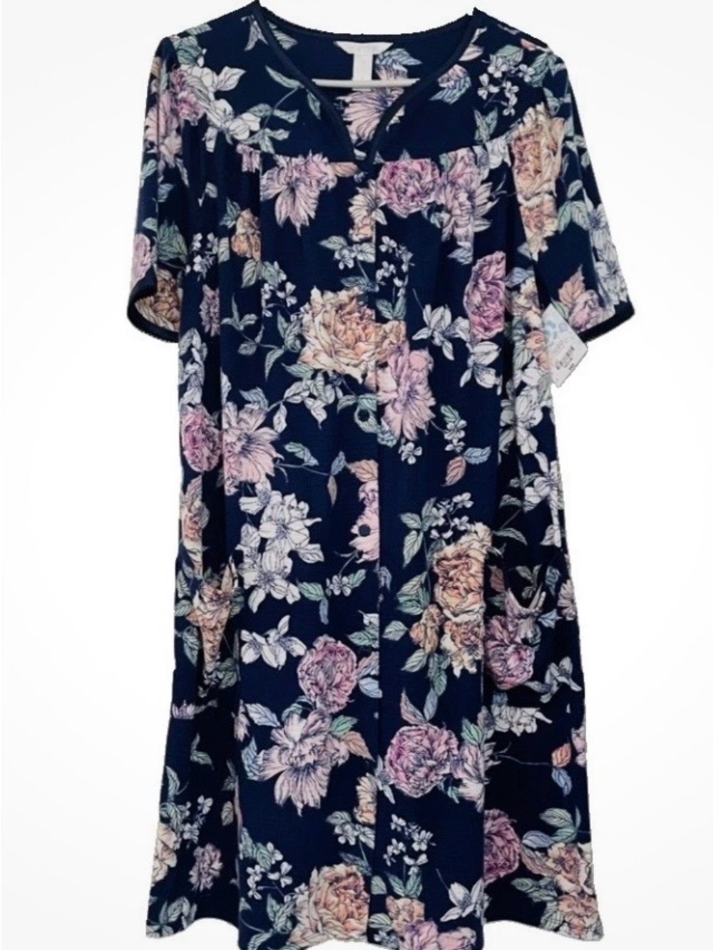 New Adonna Sleepwear Duster Robe Women’s Navy Floral Snap Front Pockets Medium